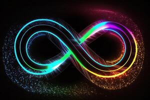 glowing neon infinity symbol in the night. . Infinity, eternity, infinite, endless, loop symbols. photo