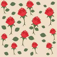 un sin costura modelo de rojo rosas con verde hojas en un beige antecedentes. vector