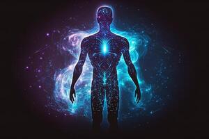 astral cuerpo silueta con resumen espacio antecedentes. esotérico, espiritual vida y meditación concepto. vida futura y conexión con otro mundos creado con generativo ai foto