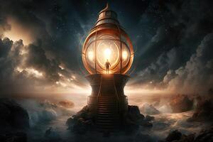 Metal Bronze lighthouse, small hooded figure with lantern at the base, a bright white large glowing ball of electric light at top of light house. technology photo