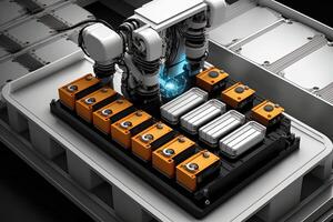 Interior of industry factory, Robot assembly line with electric car battery cells module on platform. photo