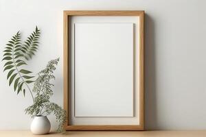 Blank picture frame mockup on wall in modern interior. Artwork template mock up in interior design. Wooden Picture Frame Mockup on White Wall Minimalist - photo