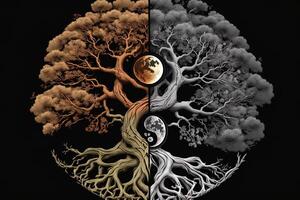 ying yang concepto de equilibrar yggdrasil árbol de vida nórdico mitología. equilibrar concepto. generativo ai foto