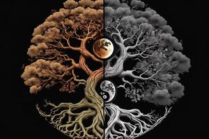 Ying yang concept of balance Yggdrasil tree of life norse mythology. Balance concept. photo