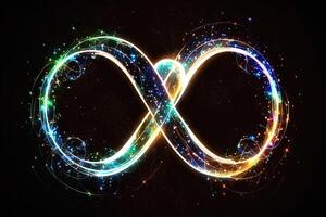 glowing neon infinity symbol in the night. . Infinity, eternity, infinite, endless, loop symbols. photo