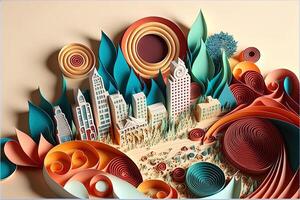 paper quilling style urban design. Multidimensional paper quilling craft illustration a small city. photo