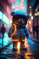 toy cute Bear in clothes jacket and sneakers on street background with neon lighting, photo