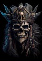 illustration of an old skull pirate on board a ship, a portrait of a captain, a sea wolf, black background, photo