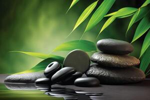 Bamboo and stones in a wellness spa. . Zen Stones and Bamboo on the water. relax, enjoy at spa concept photo