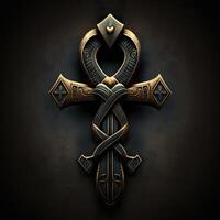 Ancient golden ankh symbol isolated on dark background. Illustration of an Egyptian cross in digital form. The ancient Egyptians used the Ankh as a symbol for eternal life. photo