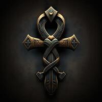 Ancient golden ankh symbol isolated on dark background. Illustration of an Egyptian cross in digital form. The ancient Egyptians used the Ankh as a symbol for eternal life. photo