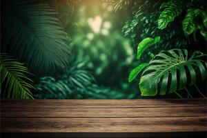 Tropical background with a wooden table on the forefront and lush vegetation with lots of copy space, perfect for editing with your product. Empty ready for your product display. photo