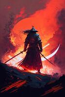 A samurai in a demonic red mask on the battlefield makes a swing with a katana creating a sizzling fire ring around, he is a mystical martial. illustration painting photo