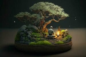 Miniature desk zen sandbox with Monk figure sit in Lotus position, stacked zen sea stones, brown elephant figurines, spa candles burning against dark studio background, copy space. photo