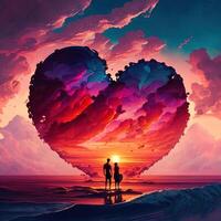 an artwork of a couple standing on a cloud, looking out at a beautiful sunset over the ocean. The couple holding hands in front of cinematic sunset with heart shape cloud. Valentine photo