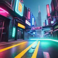 futurista luces de neón ciudad 3d fotorrealista surrealista ilustración ai generado foto