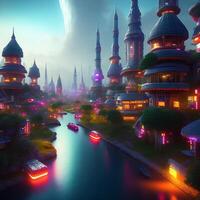 Distant Future 3D Photorealistic Illustration of Neon-lit Village photo