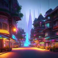3D Photorealistic Future Neon-lit Village Illustration photo
