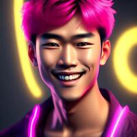 3D Portrait Ultra-realistic Illustration of A Handsome Asian Boy with Thick Eyebrows and Neon-lit Background Illustration photo