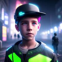 Futuristic Boy with Neon-lit Outfit on A City Background Illustration photo