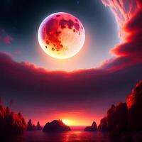 3D Ultra-realistic Illustration of A Red Moon Over The Horizon with Clouds photo