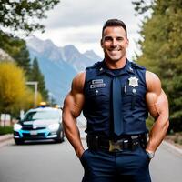 sexy policía oficial con tanque parte superior uniforme y montañoso antecedentes realista ilustración ai generado foto