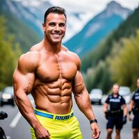 Sexy Muscular Bodybuilder with Police Officers and Mountainous Background Realistic Illustration photo