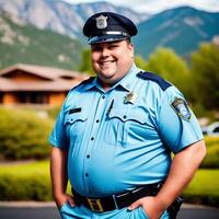 obeso policía oficial con azul uniforme sonriente en montañoso antecedentes ai generado foto