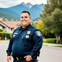 grasa policía oficial con oscuro Armada azul uniforme en pie en el barrio con montañoso antecedentes ai generado foto