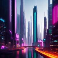 Colorful Neon-lit Futuristic Megapolis 3D Ultra-realistic Illustration photo