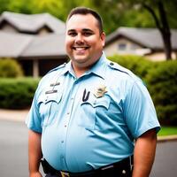 Fat Police Officer with Neighborhood Background Realistic Illustration photo