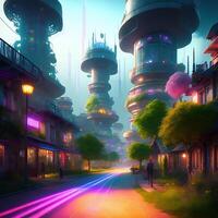3D Photorealistic Neon-lit Distant Future Village Illustration photo