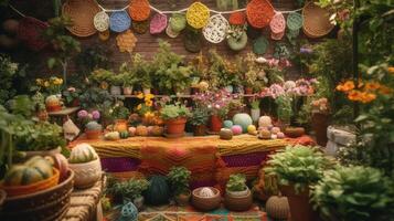 , cute garden made of crochet, plants, trees, flowers. Soft colors, dreamy scene landscape made of crochet materials, wool, fabric, yarn, sewing for background photo