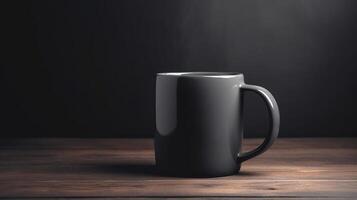 , Black ceramic cup set-up in at home interior, mug mock up blank. photo