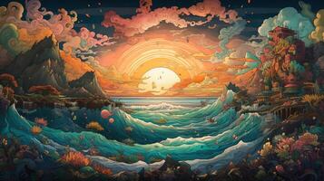 , ocean in the sunset linear illustration, psychedelic manga style, highly detailed. Anime colorful style photo