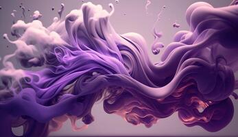 , Flowing lavender violet liquid and smoke with splashes. Bright fluid banner, 3D effect, modern macro realistic abstract background illustration, ink in water effect. photo