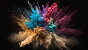 , Flowing isolated colorful sand and powder with splashes. Bright banner, 3D effect, modern macro realistic abstract background illustration, dark background.. photo