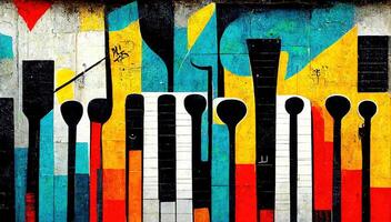 , Street art with keys and musical instruments silhouettes. Ink colorful graffiti art on a textured paper vintage background, inspired by Banksy photo