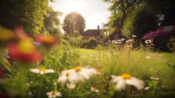 generativo ai, hermosa verano privado jardín con muchos flores y plantas, naturaleza paisaje, Inglés campo cabaña estilo foto