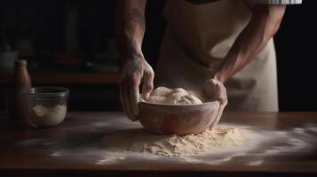 , Hands of baker in restaurant or home kitchen, prepares ecologically natural pastries photo