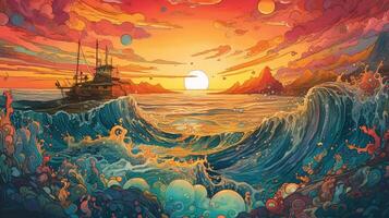 , ocean in the sunset linear illustration, psychedelic manga style, highly detailed. Anime colorful style photo