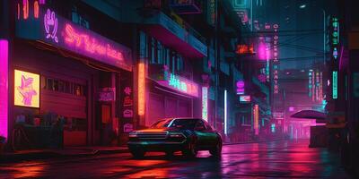 , Night scene of after rain city in cyberpunk style, futuristic nostalgic 80s, 90s. Neon lights vibrant colors, photorealistic horizontal illustration. photo