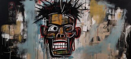 , street graffiti abstract art with ugly face on a textured wall vintage background, inspired by Jean-Michel Basquiat, New York urban style. photo