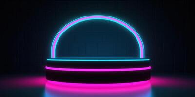 , Sci-Fi Futuristic neon glowing banner with podium. Abstract cyberpunk background for promotion goods. Mockup template photo
