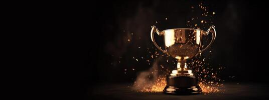 , Winner trophy with flames, golden champion cup with falling confetti on dark background photo