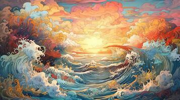 , ocean in the sunset linear illustration, psychedelic manga style, highly detailed. Anime colorful style photo