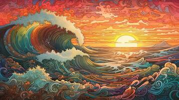 , ocean in the sunset linear illustration, psychedelic manga style, highly detailed. Anime colorful style photo