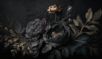 , Close up of blooming flowerbeds of amazing black flowers on dark gothic moody floral textured background. Photorealistic effect. photo