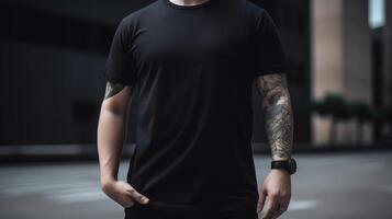 , Realistic black T-Shirt mock up blank put on young man, copyspace for presentation advertising. Blank business concept photo