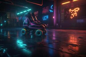 , Roller skate in cyberpunk style, disco nostalgic 80s, 90s. Neon night lights vibrant colors, photorealistic horizontal illustration of the futuristic city. Sport activity concept. photo